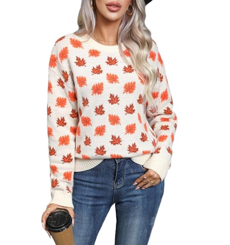 Image of Women’s Autumn/Winter Crew-Neck Jumper – Premium Leaf-Motif Knit Sweater in Cream & Orange | Cozy Long-Sleeve Knitwear for UK, Ladies Winter Holiday Jumper (D - Cream, L/XL)