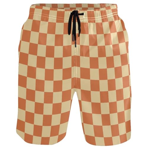 Men's Orange Checkerboard Swim Trunks Board Swimwear Beach Short with Pockets 20300965