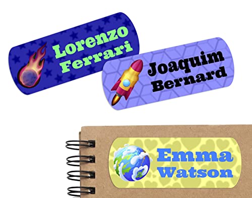 45 Etiquetas Adhesivas Personalizadas con iconos de Espacio para marcar objetos, libros, fiambreras, etc. Medida 5 x 2 cm