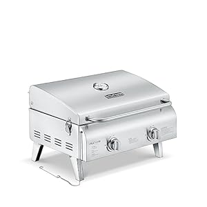 Portable Stainless Steel Gas Grill – 2 Burners Easy Clean Tabletop BBQ Propane Gas Grill with Foldable Legs and Wind Proof Lid for Camping and Outdoor – Silver