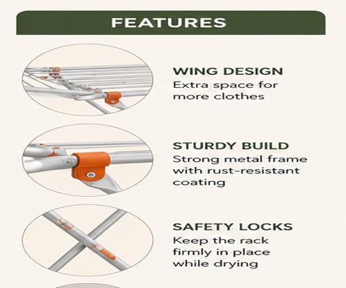 Image of BENAVJI Mild Steel Cloth Drying Stand - 3 Way Folding, 42 Feet Drying Length, 20 Drying Rails, Lightweight