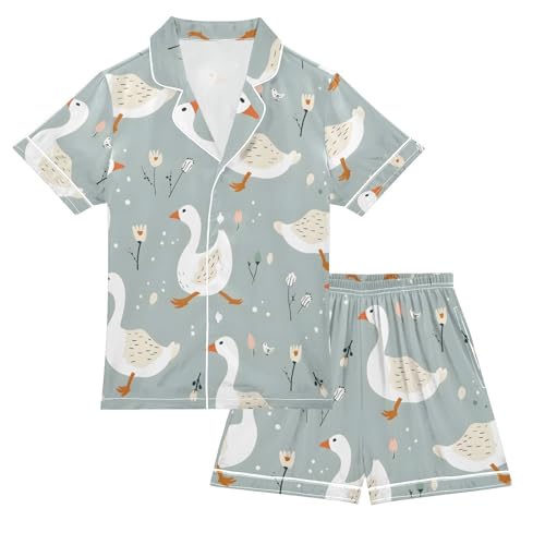 ALAZA White Duck Leaf Blossom Flower Pajamas Satin Pajama Set Short Sleeve Button Down Sleepwear