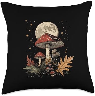 Mystic Cottagecore Gothic Lunar Moon Mushrooms Throw Pillow