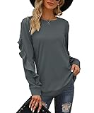 SAMPEEL Pullover für Damen Strickpullover Langarmshirt Stricken Sweatshirts Lockere Bluse Tunika Oberteile Basic Rundhalsausschnitt Rüschenärmel Herbst Winter Dunkelgrau XXL