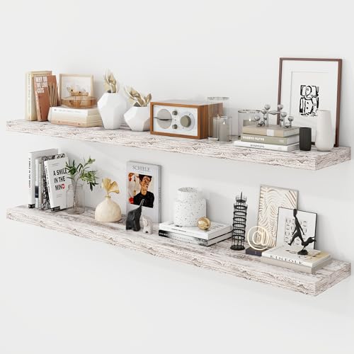 Acovy 55 Inch Floating Shelves, 9.3" Deep Floating Shelf Wall Mounted, 56" Wall Shelves, Rustic Deep Bookshelf, Large Display Shelves & Storage Shelves for Bedroom, Living Room, Rustic, Set of 2