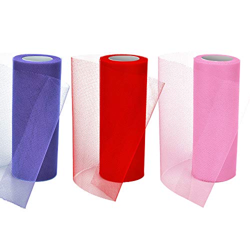 Tatuo 3 Spools Valentine's Day Tulle Rolls Tulle Netting Rolls Tulle Fabric Spool Ribbons, 6 Inches By 75 Feet (Purple, Pink And Red) #TOP8