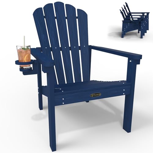 THOEOE Stackable Adirondack Chair, HDPE All-Weather Adirondack Chairs - Durable and Space Saving, Plastic Outdoor Fire Pit Chairs with Cup Holder,Navy Blue
