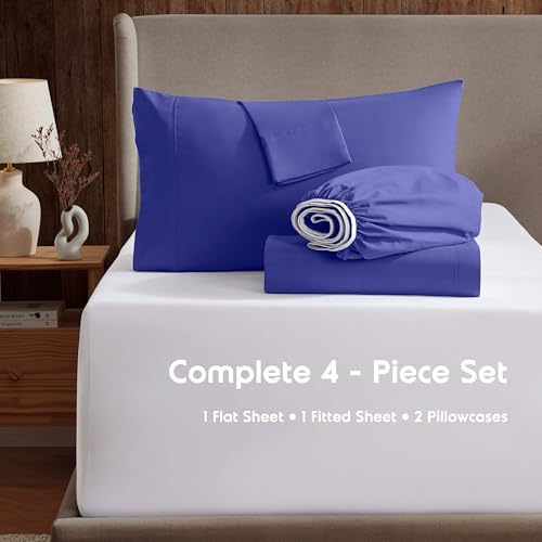 Image of Nestl Queen Bed Sheet Set - Royal Blue - 4-Piece Deep Pocket | Instantly Soft, Night-One Ready (No Wash Required). Fits 16-Inch Deep Pockets, 360-Degree Elastic Grip
