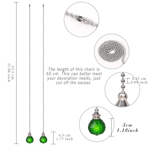 Image of Green 2 Pieces Crystal Ceiling Fan Pull Chain Dazzling Crystal Prism Ball 30mm Pull Chain Extension with Connector for Ceiling Light Fan