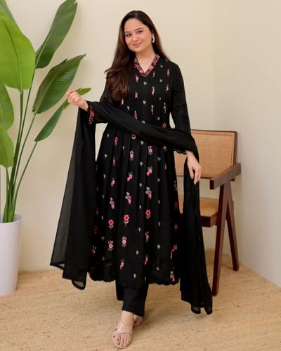 Image of KLOSIA Women Embroidery Solid Anarkali Kurta and Pant Set with Dupatta|Silk|Regular Fit