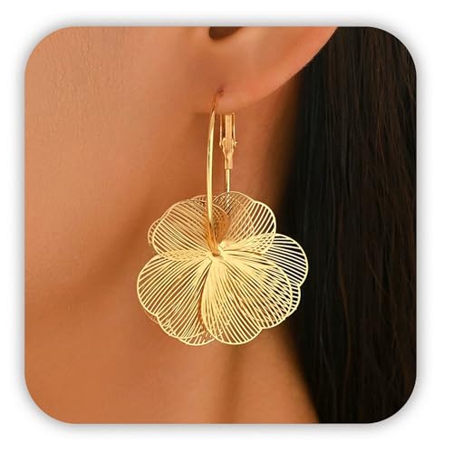 SMILEBELLE Gold Flower Earrings, Floral Earrings for Women Trendy Spring Gold Floral Earrings Flower Hoop Earrings Dangle as Boho Summer Vacation Jewelry Wedding Accessories Statement Fashion Jewelry