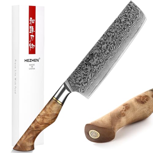 HEZHEN 18CM Japanischer Stil Damast Nakirimesser, Küchenmesser 67 Schicht Damaskus Stahl Kochmesser,Holzgriff