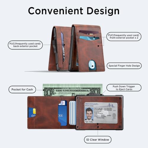 Image of umoven Wallet for Men - Pop Up Case, Cash Slot, and Credit Card Slot - Slim Aluminum Wallet with RFID Blocking, Minimalist Leather Wallet Front Pocket with ID Window (Reddish brown)