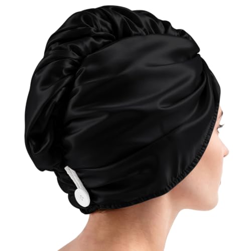 Image of Lkw Ogechi Double Layer Microfiber Satin Hair Drying Towel Wrap 70x25cm with Button, Soft and Anti Frizz Hair Turban Towels, Luxury Super Absorbent and Quick Drying Head Towel (Black)