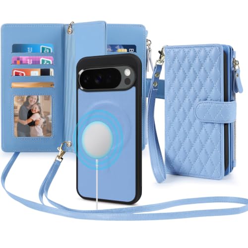 2 in 1 for Google Pixel 9 Pro XL / 10 Pro XL Wallet Case Magnetic Compatible with Magsafe RFID Blocking Card Holder Detachable Phone Cover Zipper Purse Kickstand Wrist Strap Women Crossbody Sky Blue
