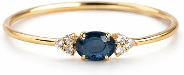 Oval Cut Blue Sapphire Ring for Women Minimal Gold Band with Diamond 14K Yellow Gold Handmade Promise Engagement Ring September Birthstone Gift For Wife
