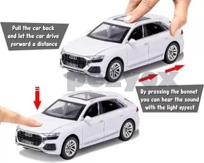 Image of Diecast Audi Q8 Toy Car Scale Model,Pull Back Vehicles Alloy Simulation Supercar with Lights and Sound Also for Car Dashboard,Kids,Adult (White)