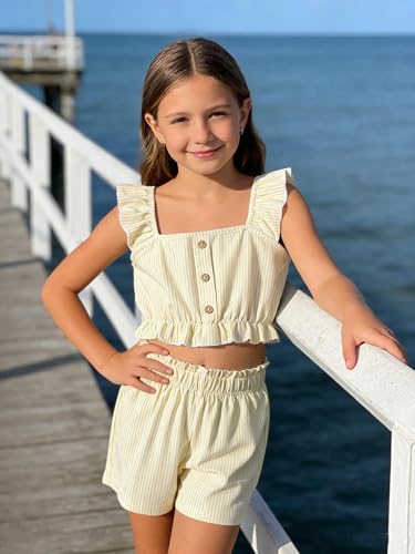 Image of Girl's Summer Clothing Sets Knit Ruffle Striped T-Shirt and Shorts 2 Piece Outfits