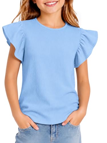Image of Girls' Summer Shirts Cute Tops Ruffle Sleeve Crew Neck Casual Tees