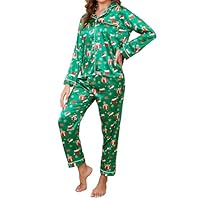 TeJoyce Pigiama di Seta Lungo Donna Natale, Pigiami Due Pezzi Invernale di Raso, Completo Manica Lunga Aperto Davanti con Bottoni e Pantaloni, Comodo e Morbido Abbigliamento per la Casa S-XXL