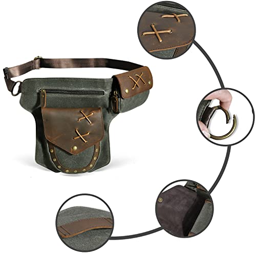 Handadsume Water Resistant Canvas + Leather Motorcycle Travel Fanny Waist Pack Drop Thigh Leg Bag Pouch for Men Women FB211-8 (Green) - Image 3