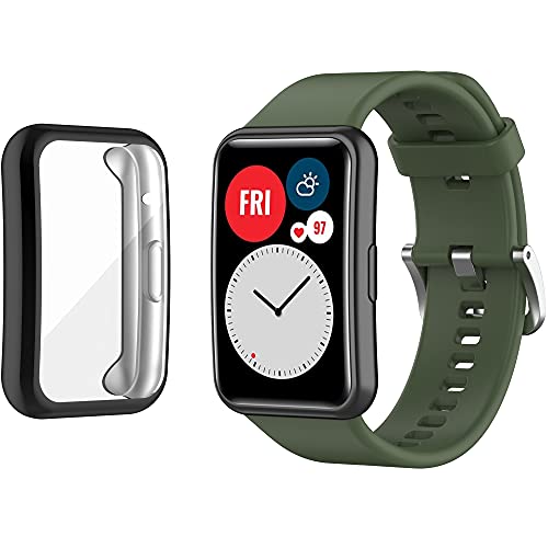 Replacement Band with Case Compatible with Huawei Watch Fit Smartwatch Wristband with Screen Protective Cover Men Women for Watch Fit Bands and Case (Green Band+Black Case)