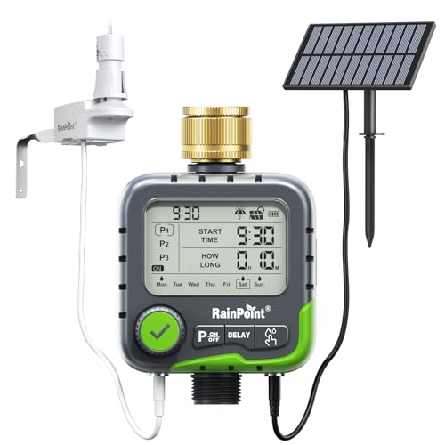 RAINPOINT Bewässerungscomputer mit 3 unabhängigen Bewässerungsplänen, einfache Bedienung, Dual-Anschlüsse für Regensensor und Solarpanel, Regenverzögerungsfunktion, IP65 wasserdicht