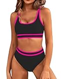 BMJL Women's High Waisted Bikini Sets Sporty Two Piece Swimsuit Color Block Cheeky High Cut Bathing Suits(M,Black Pink)