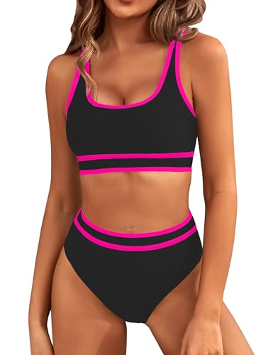 Image of BMJL Women's High Waisted Bikini Sets Sporty Two Piece Swimsuits Color Block Tummy Control Modest Bathing Suit