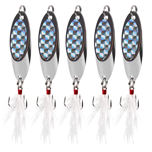 OROOTL Fishing Spoons Lures, 5pcs Metal Spoon Fishing Lures with Feathered Treble Hooks 3/16oz-1oz Jigging Spoons Bait for Bass Trout Pike Walleye Saltwater Freshwater