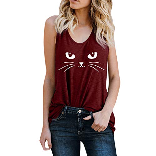 Xmiral Women Cute Cat Printed Vest Sleeveless Loose Tops Tank Blouse T-Shirt Cotton Sweatshirt(S,B-Wine)