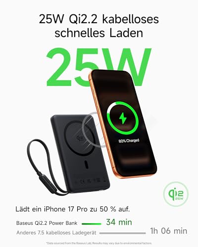 Baseus Picogo AM52 Power Bank, Qi2.2 Magsafe Powerbank 10000mAh, 25W Wireless, PD 45W Schnellladung, Integriertes USB C Kabel, Magnetische Externe Batterie Slim für iPhone 17/16/15/14/13/12, Schwarz 3