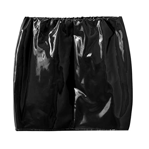 TiaoBug Women's PVC Wet Look Leather High Waist Elastic Mini Bodycon Skirt Slim Fit Short Wrap Skirt4