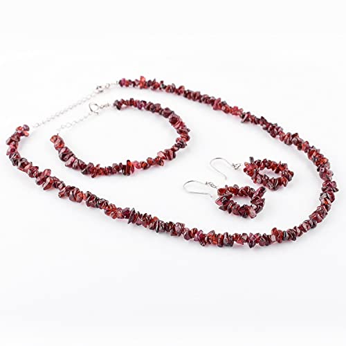 Qnavic Natural Raw Garnet Gemstone Crystal Chips Nuggets Beads Handmade Jewelry Set For Women, Healing Chakra Crystal, Birthstone Rhodium Plating 925 Sterling Silver (Pack Of 3) #TOP2