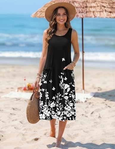 Image of Zeagoo Womens Summer Midi Dresses 2026 Casual Sleeveless Tank Sundresses A Line Crewneck Beach Vacation Dress with Pockets
