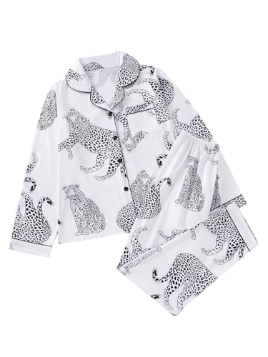 Women's 2 Piece Pajama Sets Print Long Sleeve Button Down Shirt and Pants Sleepwear Sets