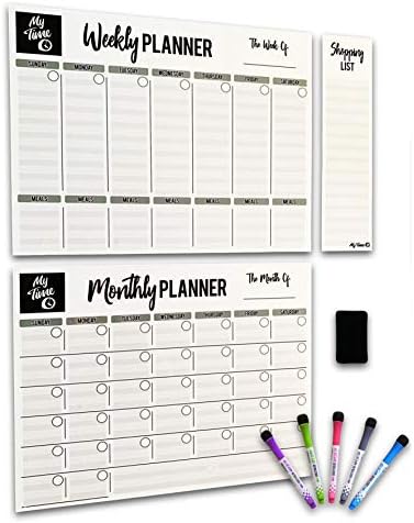 My Time Dry Erase Calendar Set for Refrigerator | Large 17x13 Inch Magnetic Weekly Planner and Magnetic Monthly Calendar | Easy Clean Whiteboard Surface | Magnetic Shopping List | 5X Markers | Eraser