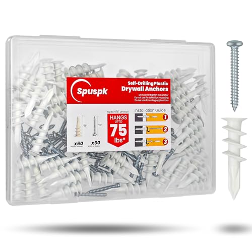 Spuspk - Spuspk #8 Self Drilling Drywall Anchors,120Pcs Wall Anchors and Screws for Drywall, 60 Self-Tapping/Threaded Plastic Sheetrock Anchors + 60#8 x 1-1/4'' Screws, 75LB Hanging and Mounting