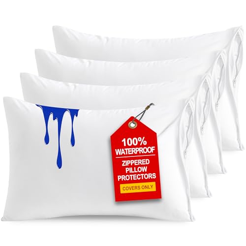 NTBAY 4 Pack Zippered Waterproof Standard Pillow Protectors, Super Soft Quiet Zip Pillow Protectors...