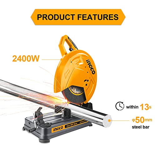 Image of Ingco 355mm 2400 Watt Max Cutting Capacity Steel Bar 50mm Cut Off Saw COS35568, Yellow