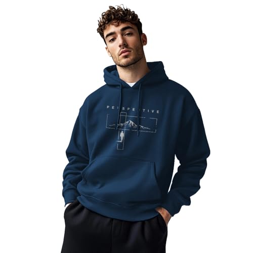 NOBERO Men's Cotton Blend Neck Hooded Regular Fit Sweatshirt (1M-TWHO-C0887_Navy Blue_Large)