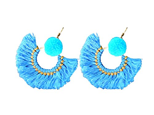 Khum Wieng Kham Women's Pretty Fluff Cotton and Nice Pom poms Earrings Jewelry Thailand Handmade Blue