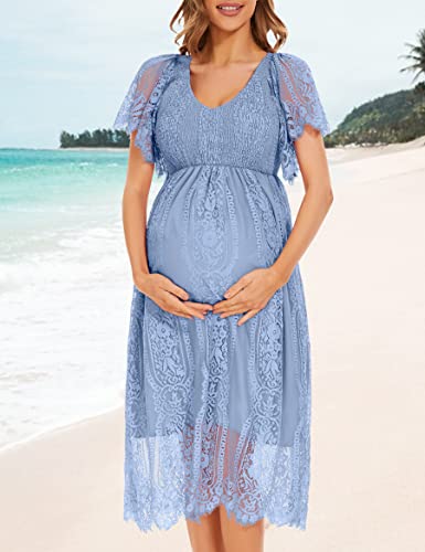 Lahilo Ruffle Sleeve V Neck Floral Lace Maternity Dress For Baby Shower/Photoshoot/Wedding/Party Blue #TOP3