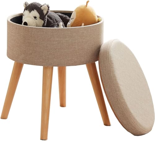 Madera Nieve Taburete con Caja de Almacenamiento, Silla otomana, Asiento tapizado de Lino y Madera Maciza. (Beige)