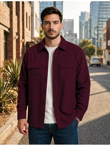 Image of DEELMO Men's Cotton Polyester Corduroy Shirt with Textured Pattern Spread Collar Full Sleeves Dual Pocket Front and Button Down Closure | Textured Shirts for Men | Shirts for Men Stylish