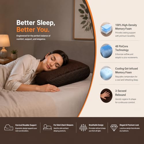 Image of LA VERNE Cooling Gel Infused Pincore Technology Breathable Memory Foam Pillow with 3S Rebound| Cool Gel Cervical Support for Neck & Shoulder Relief (1, D Brown, Standard)