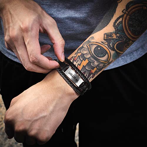 U7 Men Women Personalized Braided 3-Layer Leather Bracelet Engrave Text Bracelet Customizable Stainless Steel Id Bracelet #TOP4
