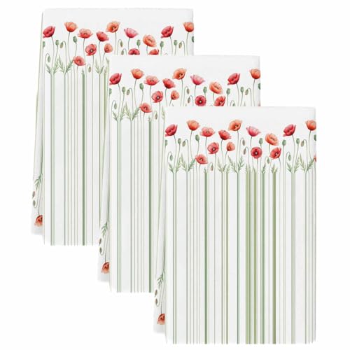 Qiaullityot Red Poppy Flowers Kitchen Towels Set of 3, Microfiber