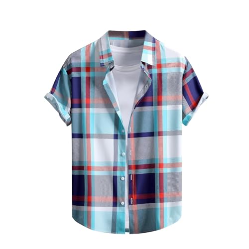 RLEHJN Checked Shirt Mens Short Sleeve, Short Sleeved Shirts for Men Plaid Printed Regular Fit Beach Casual Shirt Button Down Turn-Down Collar Summer Tops Comfortable Lightweight Outerwear Navy