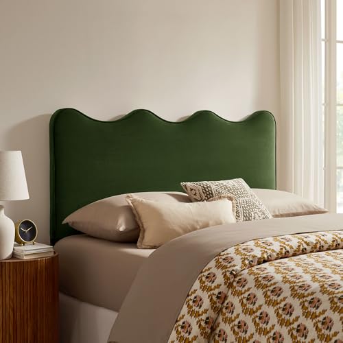 Monday Athena Queen Size Performance Velvet Adjustable Headboard in Moss Green - with Scalloped Wave Design and Stain-Resistant Velvet Upholstery